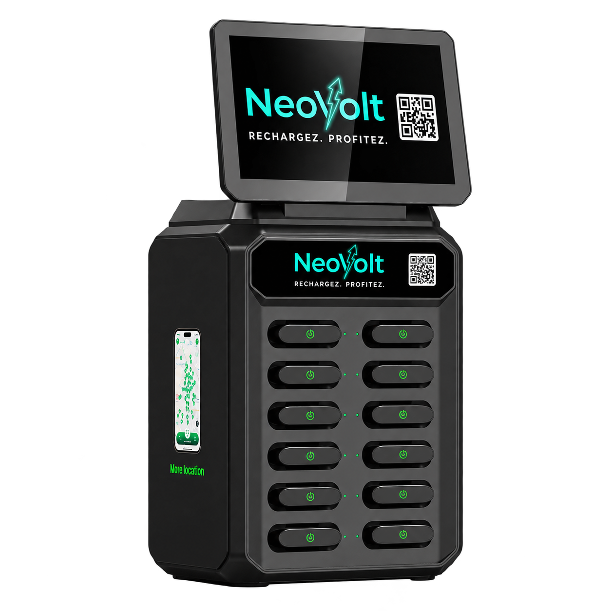 Borne NeoVolt noire avec écran tactile et douze batteries nomades